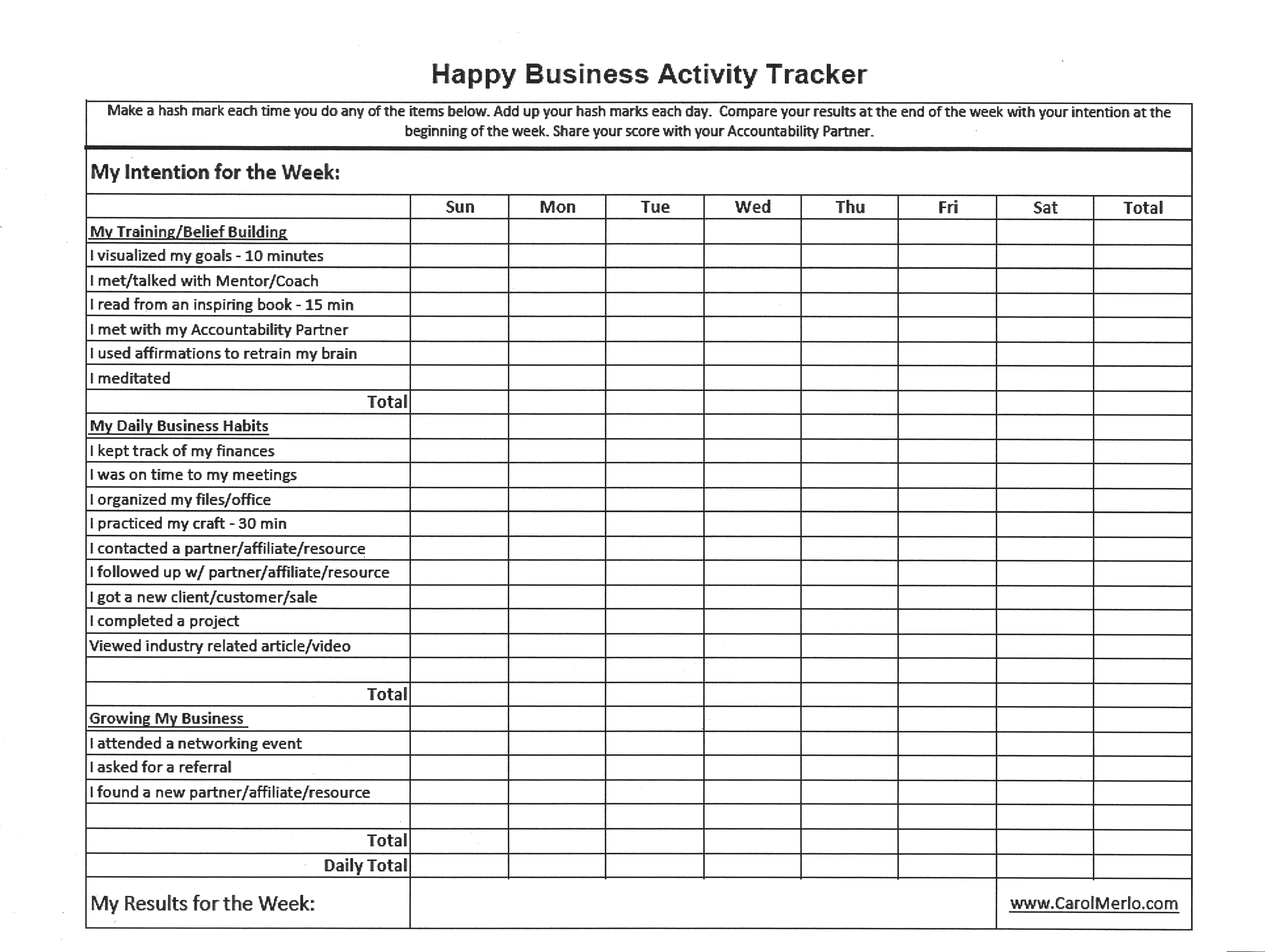 Happy Business Action Tracker form preview