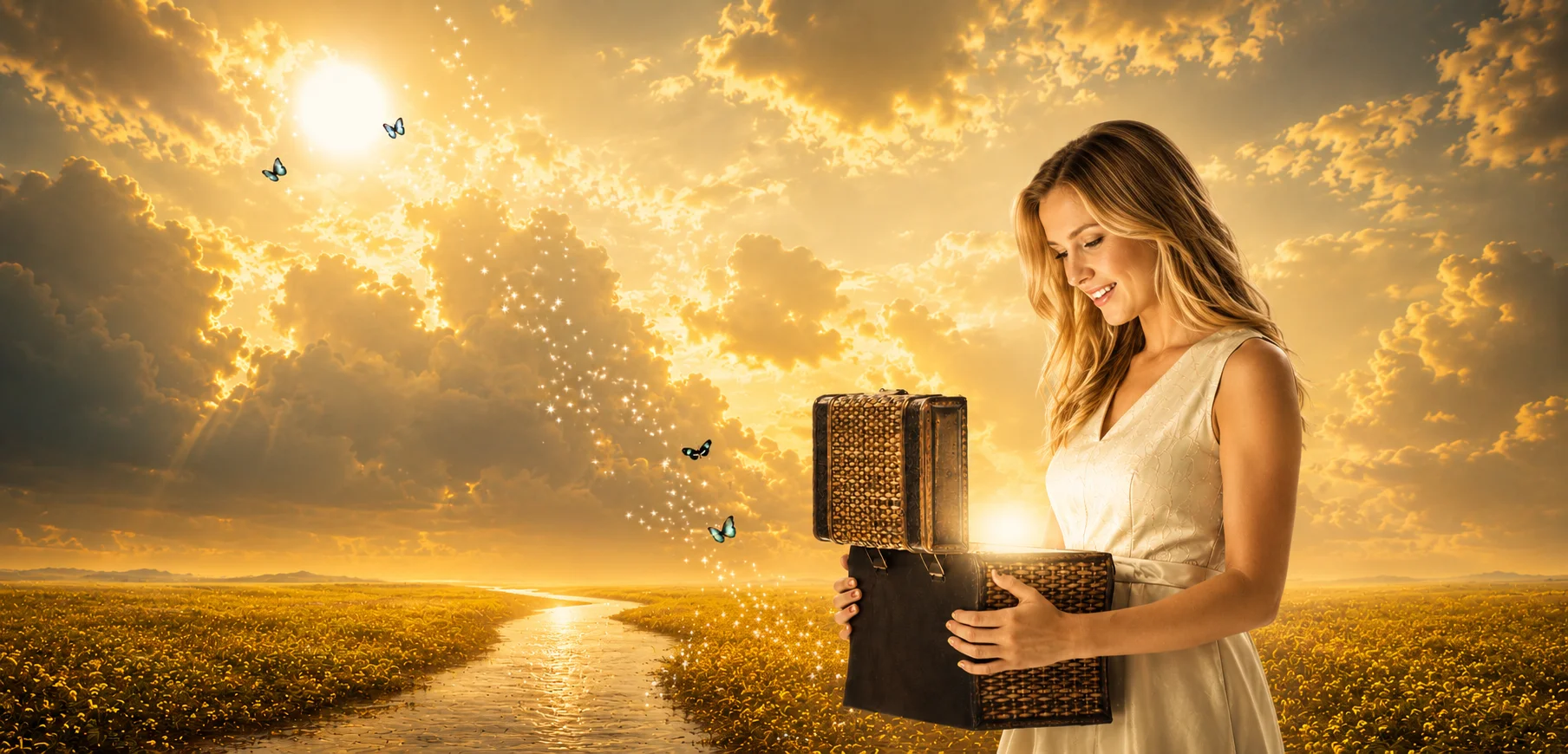 Woman opening a glowing box of light — symbolizing the inner work of enlightened entrepreneurship